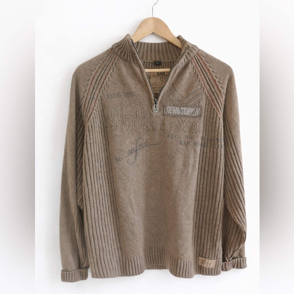 VNTG Ralph Lauren Denim Supply Co. Knit Half Zip Sweater, Tan Ribbed Pullover, L